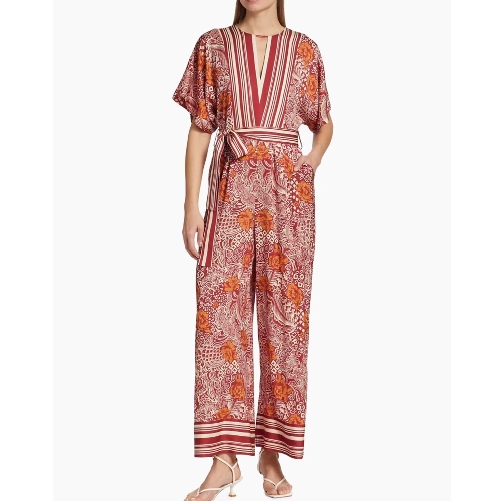 Elie Tahari Jumpsuit Silk Occasion Jumpsuit Botanical All Over Print V-Neck Belt - Picture 4 of 16